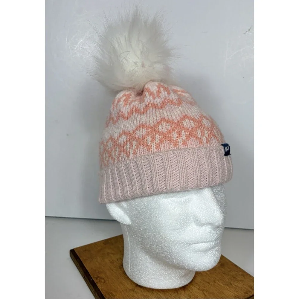 Vineyard Vines Fair Isle Print Pom Pom Beanie Pink Girls Youth One Size